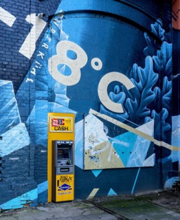Graffiti on the ATM, RAW grounds, Friedrichshain, Berlin, Germany, Europe