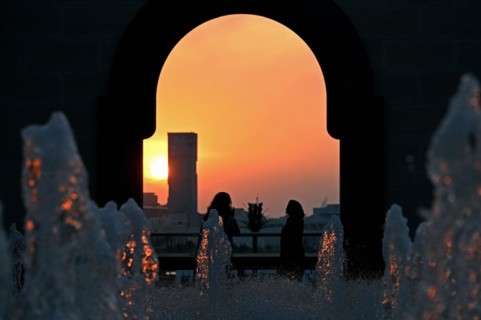 Terrace of the Museum of Islamic Art by Archtics Ieoh Ming Pei and Jean-Michel Wilmotte, Doha, Qatar, Asia