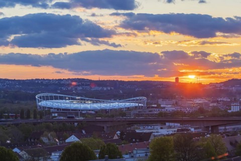 Mercedes Benz Arena, football stadium, sunset, Stuttgart, Baden-Wuerttemberg, Germany, Europe