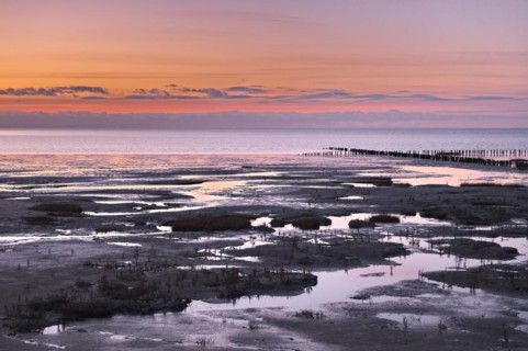 Evening landscape shortly after sunset with draining water in the Wadden Sea National Park. The Wadden Sea off the North Frisian coast is a UNESCO World Heritage Site. Dike at Strandweg, Friedrichskoo...