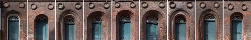 Nine front doors and the family coats of arms on the houses of the members of the Schutztruppe of the Lueneburg Council, 16th century, Reitende-Diener-Strasse, Lueneburg, Lower Saxony, Germany, Europe