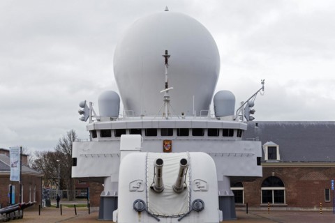 Command bridge and radar dome Guided missile frigate Hr. Ms. De Ruyter, former warship of the Dutch Navy, Naval Museum, Den Helder, Province of North Holland, Netherlands