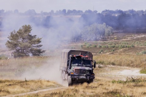 A Bundeswehr truck taken during a simulated combat situation at the Bundeswehr Combat Training Centre in Letzlingen, Letzlingen, Germany, Europe
