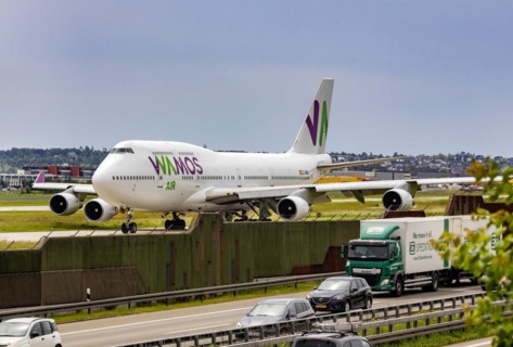 Boeing 747-400 cargo aircraft, taxiway, good infrastructure due to nearby motorway, Stuttgart Airport, Baden-Wuerttemberg, Germany, Europe