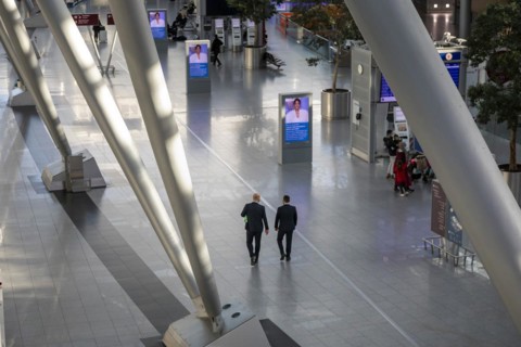 Duesseldorf Airport, DUS, departure hall, terminal, Airport International in lockdown during Corona crisis, hardly any travel and only few departure connections due to travel restrictions, Duesseldorf...