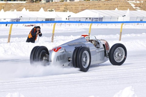 Auto Union C-Type, built 1936 on the frozen lake, faithful replica from the Audi Museum, The ICE, St. Moritz, Engadine, Switzerland, Europe