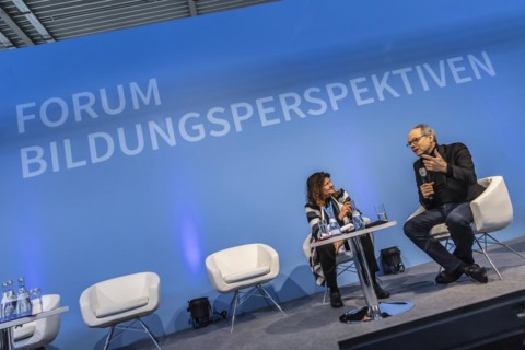 Kai Gniffke, Director-General of SWR as well as Chairman of ARD, in conversation with Maya Goetz from BR, Didacta trade fair, Europes largest education trade fair, Stuttgart, Baden-Wuerttemberg, Germa...