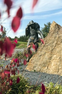 The Smuggler, this monument commemorates the time of coffee smuggling from 1945-1953 at the German-Belgian border, North Eifel, Monschau, North Rhine-Westphalia, North Rhine-Westphalia, Germany, Europ...