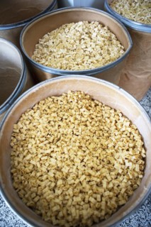 Noodles in a storage bin, Finkensteiner Nudelfabrik, Finkenstein am Faaker See, Villach region, Carinthia, Austria, Europe