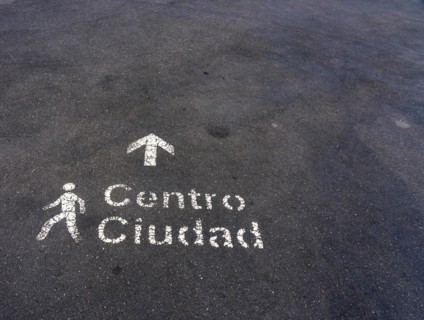 Signpost on the asphalt floor, Lanazrote, Canary Islands, Spain, Europe