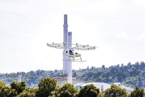Air taxi at the Mercedes plant, first flight of a Velocopter over a major European city, autonomous aircraft without passenger and without pilot, Untertuerkheim, Stuttgart, Baden-Wuerttemberg, Germany...