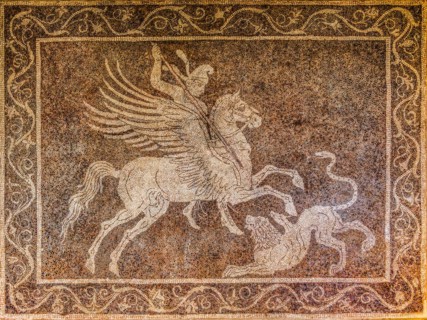 Mosaic floor with Bellerophon and Chimaira, Archaeological Museum in the former Order Hospital of the Knights of St John, 15th century, Old Town, Rhodes Town, Greece, Europe