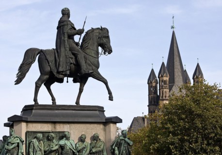 Equestrian statue for King Frederick William III of Prussia and Gross St. Martin Church, Cologne, Rhineland, North Rhine-Westphalia, Germany, Europe