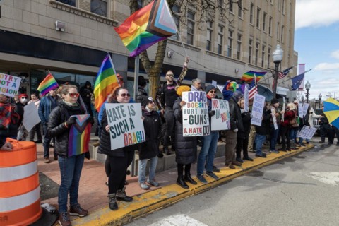 Royal Oak, Michigan USA, 11 March 2023, A small group of conservative Republicans protesting the Sidetrack Bookshops Drag Queen Story Hour were outnumbered by many hundreds of counter-protesters suppo...