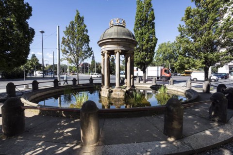Artesian fountain at Albertplatz, Dresden, Saxony, Germany, Europe