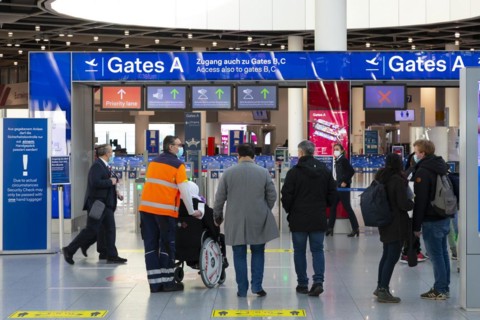 Duesseldorf Airport, DUS, departure hall, terminal, Airport International in lockdown during Corona crisis, hardly any travel and only few departure connections due to travel restrictions, Duesseldorf...