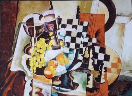 Oil painting by Volker von Mallinckrodt in the Cubist style, Cubism, with fruit, grapes, apples, chessboard, chess pieces and guitar