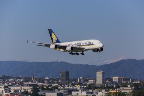 ZRH Airport with aircraft on approach of Singapore Airlines, Airbus A380-800, Zurich, Switzerland, Europe