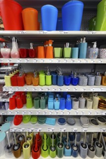 Shelf with colourful soap dispensers and toilet brushes in a DIY store, Allgaeu, Bavaria, Germany, Europe