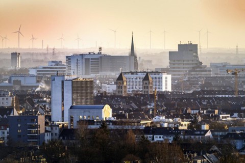 Viewpoint from Grafenberg Forest. Duesseldorf city view, Duesseldorf, North Rhine-Westphalia, Germany, Europe