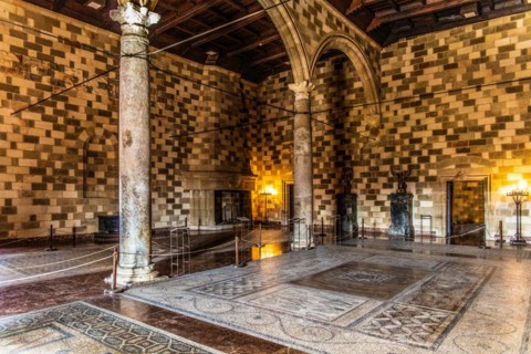 Palace hall with mosaic floor, Grand Masters Palace built in the 14th century by the Johnnite Order, fortress and palace for the Grand Master, UNESCO World Heritage Site, Old Town, Rhodes Town, Greece...