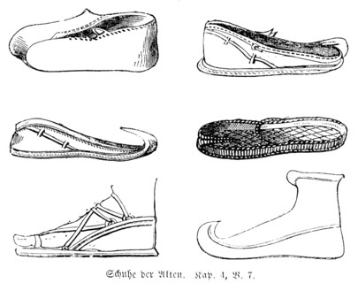 Shoes of the Ancients, clothing, foot, ancient, biblical times, sole, sandal, leather, material, footwear, craft, cobbler, Bible, Old Testament, The Book of Ruth, chapter 4, verse 7, historical illust...