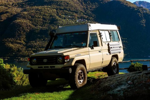 Converted camping vehicle, Toyota Land Cruiser, Cannobio, Lago Maggiore, Verbano-Cusio-Ossola, Piedmont, Italy, Europe