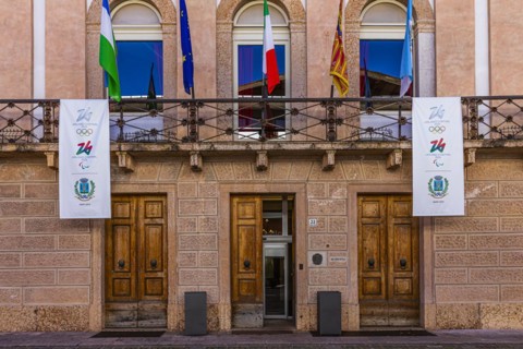 Entrance to the Town Hall of the 2026 Olympic City, Cortina dAmpezzo, Dolomites South Tyrol, Italy, Europe