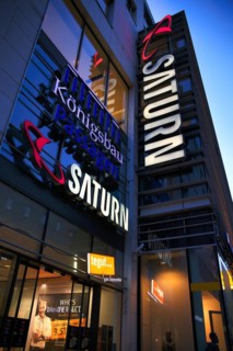 Illuminated advertising, Saturn, tegut..., Koenigsbaupassagen, department stores' chain, Koenigsstrasse, Stuttgart, Baden-Wuerttemberg, Germany, Europe