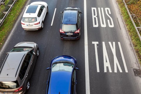 Traffic, rush hour, bus lane, taxi lane, Duesseldorf, North Rhine-Westphalia