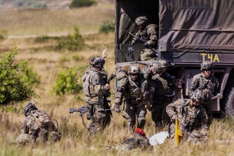 Soldiers of the Jaegerbataillo taken during a rescue of casualties in the context of a simulated combat situation at the Bundeswehr Combat Training Centre in Letzlingen, The soldiers wear AGDUS equipm...