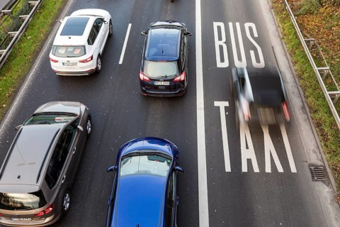 Traffic, rush hour, bus lane, taxi lane, Duesseldorf, North Rhine-Westphalia