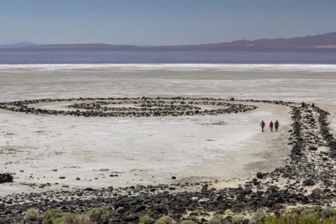 Promontory, Utah, The Spiral Jetty, an earthwork sculpture created by Robert Smithson in 1970 in Great Salt Lake. The sculpture was underwater for 30 years but is now on dry land due to the historic d...