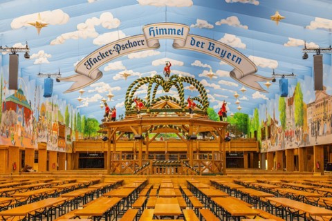 Wiesnaufbau, Hackerfest tent, Oktoberfest, Theresienwiese, Munich, Upper Bavaria, Bavaria, Germany, Europe