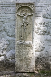 St. Laurentius Church of the Parish of Lunden, 15th and 16th century family cemetery in the churchyard, grave slabs, gravestones, finds from excavations, Lunden, Schleswig-Holstein, Germany, Europe