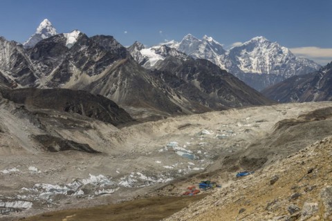 Mountain panorama seen from the trail leading toward the top of Kala Patthar above Gorakshep. The debris covered Khumbu Glacier is below and further down-valley are some six-thousands-plus peaks of th...