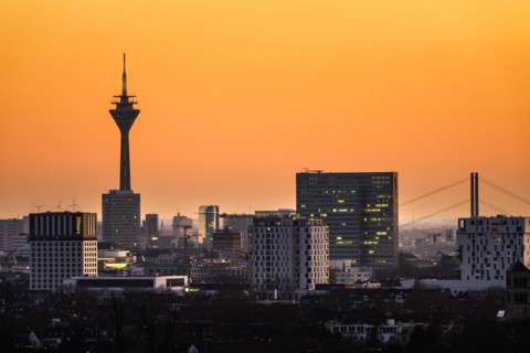 View of the city centre of the state capital Duesseldorf, with Rheinturm, Dreischeibenhaus and Mannesmannhochhaus, Duesseldorf, North Rhine-Westphalia, Germany, Europe