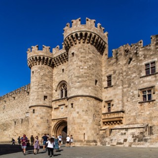 Main portal in sand-lime stone, Grand Masters Palace built in the 14th century by the Johnnite Order, fortress and palace for the Grand Master, UNESCO World Heritage Site, Old Town, Rhodes Town, Greec...
