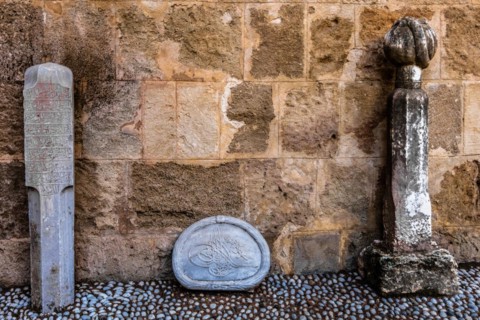 Muslim tombstones, garden courtyards, Archaeological Museum in the former Order Hospital of the Knights of St John, 15th century, Old Town, Rhodes Town, Greece, Europe