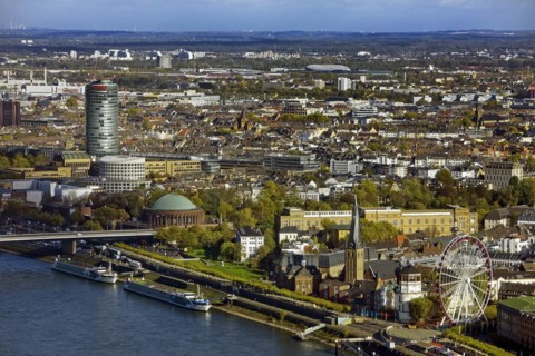 View from the Rhine Tower of the ERGO Tower, the Tonhalle and the Art Academy, Duesseldorf, North Rhine-Westphalia, Germany, Europe