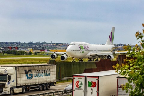Boeing 747-400 cargo aircraft, taxiway, good infrastructure due to nearby motorway, Stuttgart Airport, Baden-Wuerttemberg, Germany, Europe