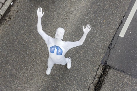 Protest of the environmental organisation Greenpeace, on the Bundesstrasse 14 40 activists demand better air quality, the Neckartor is considered the most polluted street in Germany with high levels o...