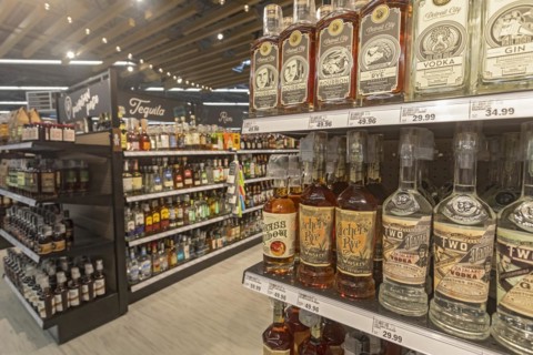 Macomb Twp., Michigan, Liquor on sale at a Meijer Grocery store, newly opened in suburban Detroit. The stores grocery-only concept is new for the chain. Its huge supercenters sell clothing, housewares...