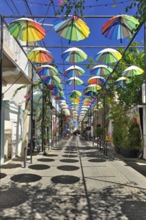Umbrella Street in Centro Historico, Old Town of Puerto Plata, Dominican Republic, Caribbean, Central America