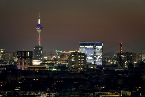 View of the city centre of the state capital Duesseldorf, with Rheinturm, Dreischeibenhaus and Mannesmannhochhaus, Duesseldorf, North Rhine-Westphalia, Germany, Europe