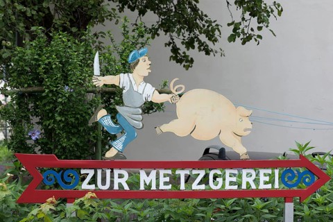 Advertising sign of a butcher's shop, Sonthofen, Allgaeu, Bavaria, Germany, Europe