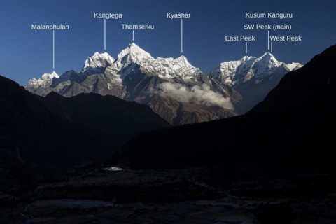 Mountain panorama seen from Thame village on an autumn evening with some high Himalayan peaks, including Malanphulan, Kangtega, Thamserku, Kusum Kanguru. Three Passes Trek. Photo with peak labels. Khu...