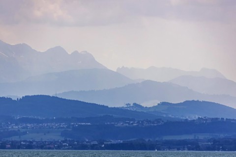 View from Lake Constance to the Swiss shore, Immenstaad, Baden-Wuerttemberg, Germany, Europe