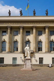 Humboldt University with Hermann von Helmholtz Monument, Unter den Linden, Berlin, Germany, Europe
