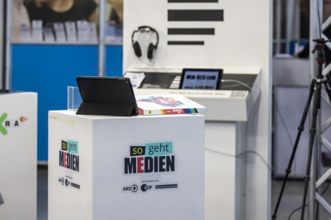 Trade fair stand of ARD, ZDF and Deutschlandradio with the initiative so geht Medien, Didacta trade fair in Stuttgart, Europes largest education trade fair. Stuttgart, Baden-Wuerttemberg, Germany, Eur...
